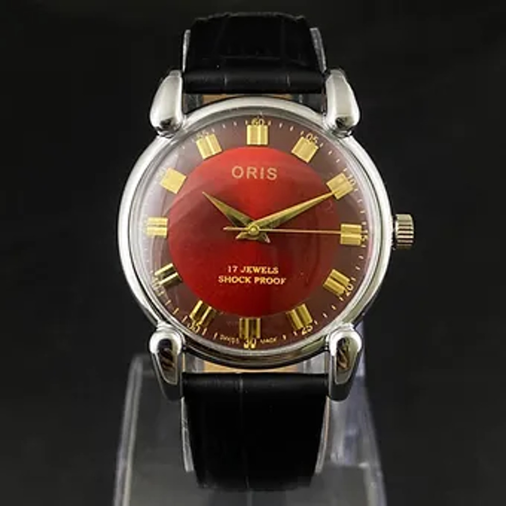 Vintage 1975 Oris Manual Mens Silver Watch W/Leather Strap & Red accents - Picture 2 of 7
